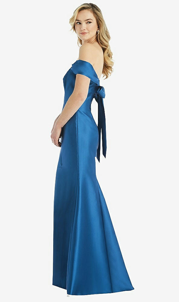 Front View - French Blue Off-the-Shoulder Bow-Back Satin Trumpet Gown