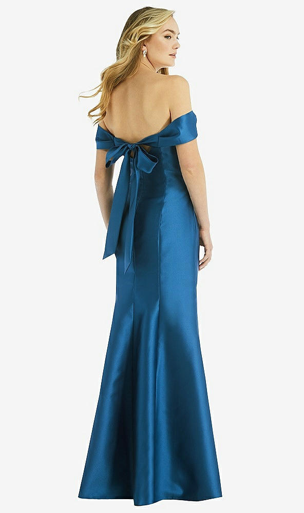 Back View - French Blue Off-the-Shoulder Bow-Back Satin Trumpet Gown