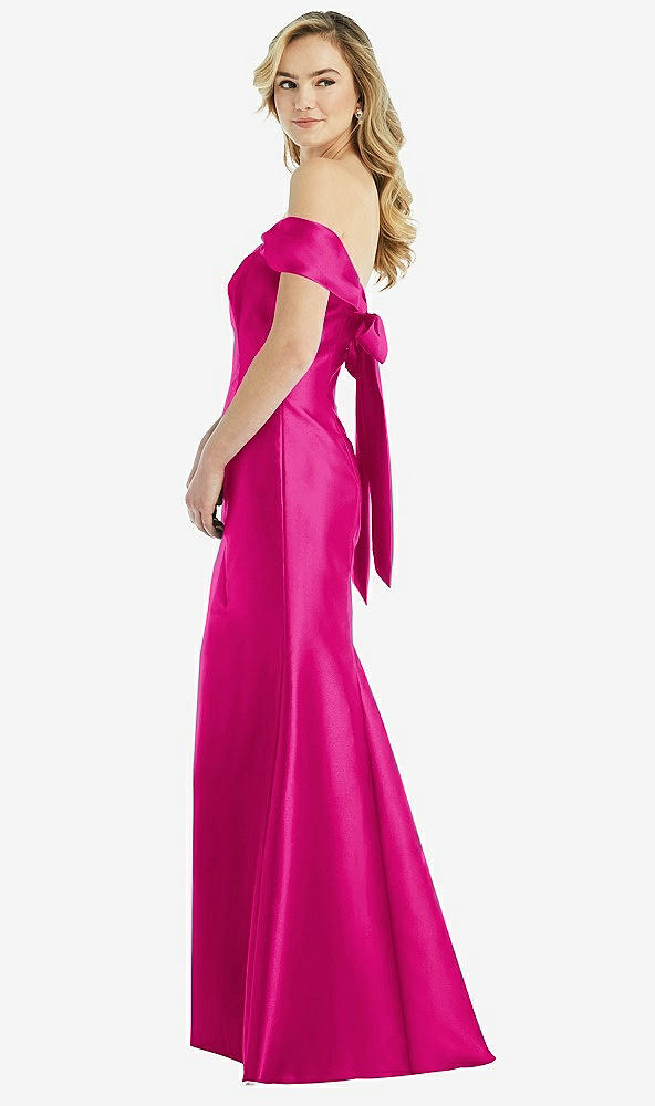 Front View - Think Pink Off-the-Shoulder Bow-Back Satin Trumpet Gown