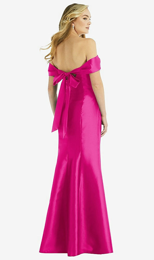 Back View - Think Pink Off-the-Shoulder Bow-Back Satin Trumpet Gown