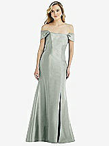 Side View Thumbnail - Willow Green Off-the-Shoulder Bow-Back Satin Trumpet Gown