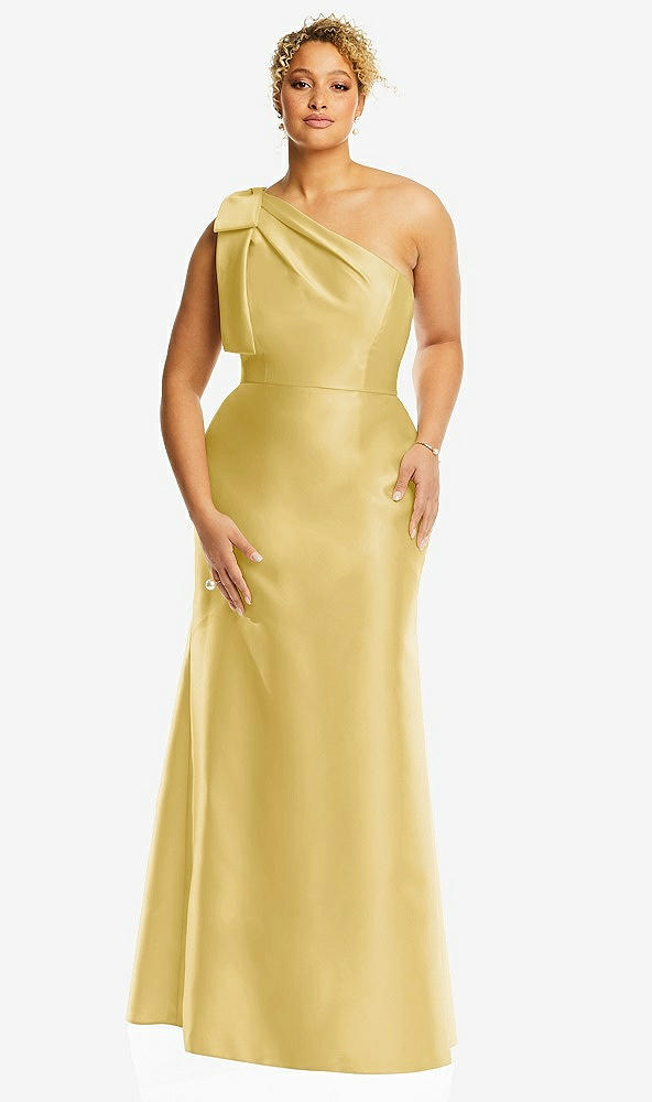 Front View - Maize Bow One-Shoulder Satin Trumpet Gown