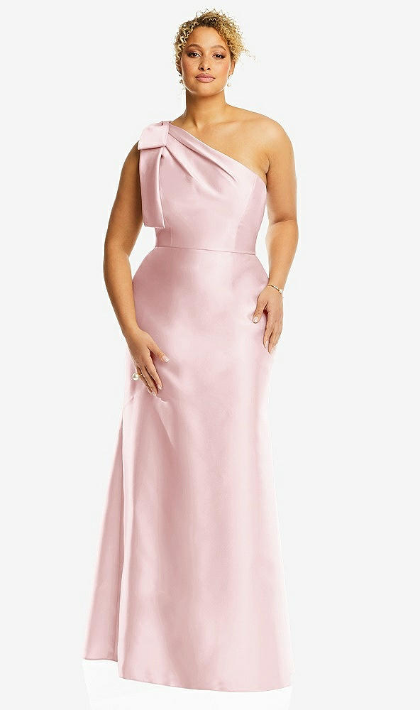 Front View - Ballet Pink Bow One-Shoulder Satin Trumpet Gown