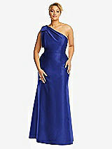 Alt View 4 Thumbnail - Cobalt Blue Bow One-Shoulder Satin Trumpet Gown