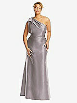 Front View Thumbnail - Cashmere Gray Bow One-Shoulder Satin Trumpet Gown