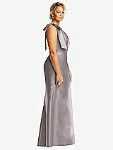 Side View Thumbnail - Cashmere Gray Bow One-Shoulder Satin Trumpet Gown