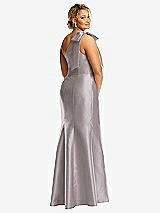 Rear View Thumbnail - Cashmere Gray Bow One-Shoulder Satin Trumpet Gown