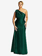 Alt View 4 Thumbnail - Hunter Green Bow One-Shoulder Satin Trumpet Gown