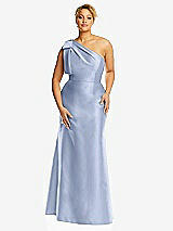 Front View Thumbnail - Sky Blue Bow One-Shoulder Satin Trumpet Gown
