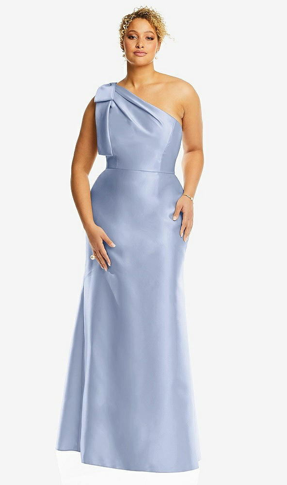 Front View - Sky Blue Bow One-Shoulder Satin Trumpet Gown