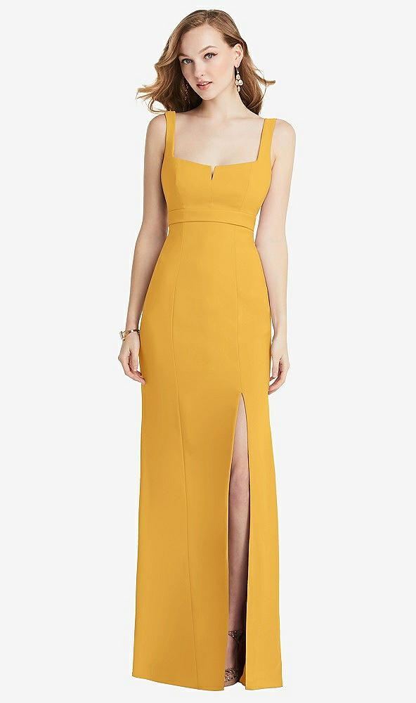 Front View - NYC Yellow Wide Strap Notch Empire Waist Dress with Front Slit