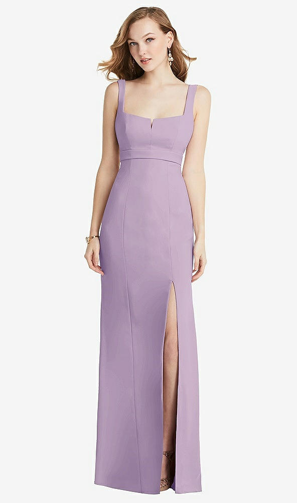 Front View - Pale Purple Wide Strap Notch Empire Waist Dress with Front Slit