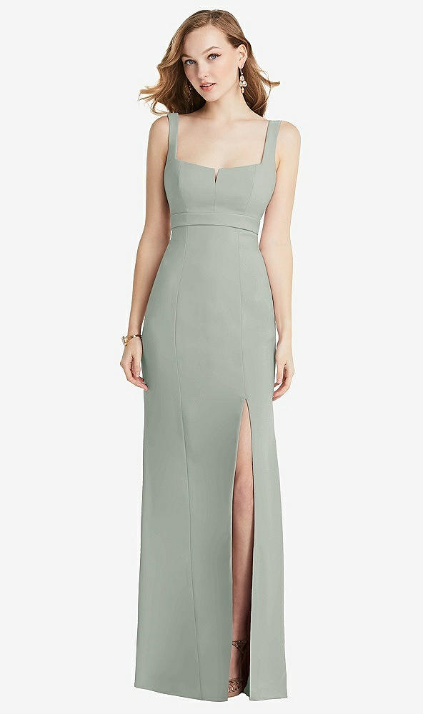 Front View - Willow Green Wide Strap Notch Empire Waist Dress with Front Slit