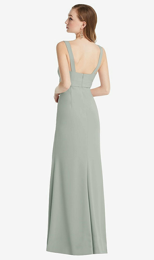 Back View - Willow Green Wide Strap Notch Empire Waist Dress with Front Slit