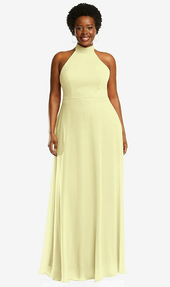 Front View - Butter Yellow High Neck Halter Backless Maxi Dress