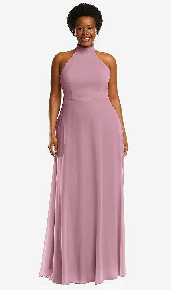 Front View - Dusty Pink High Neck Halter Backless Maxi Dress