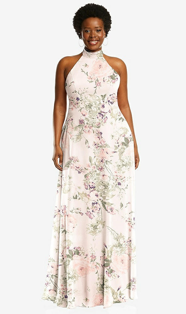 Front View - Blush Garden High Neck Halter Backless Maxi Dress