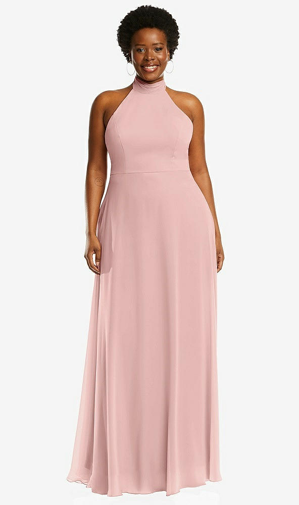 Front View - Rose - PANTONE Rose Quartz High Neck Halter Backless Maxi Dress