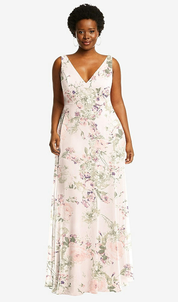 Front View - Blush Garden Deep V-Neck Chiffon Maxi Dress