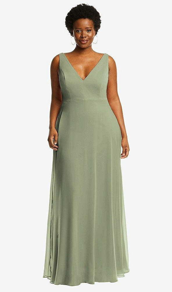 Front View - Sage Deep V-Neck Chiffon Maxi Dress