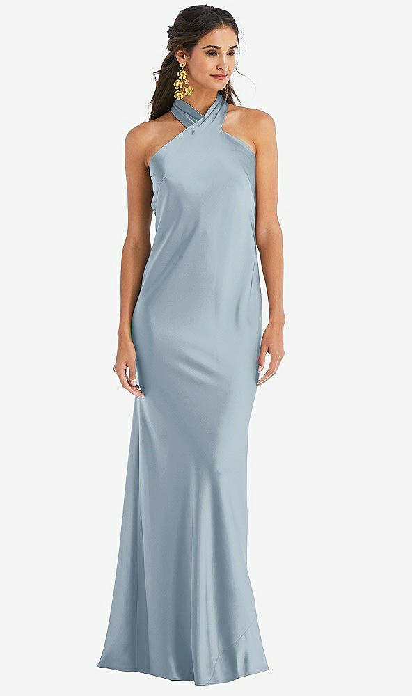 Front View - Mist Draped Twist Halter Tie-Back Trumpet Gown