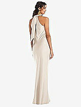 Rear View Thumbnail - Oat Draped Twist Halter Tie-Back Trumpet Gown