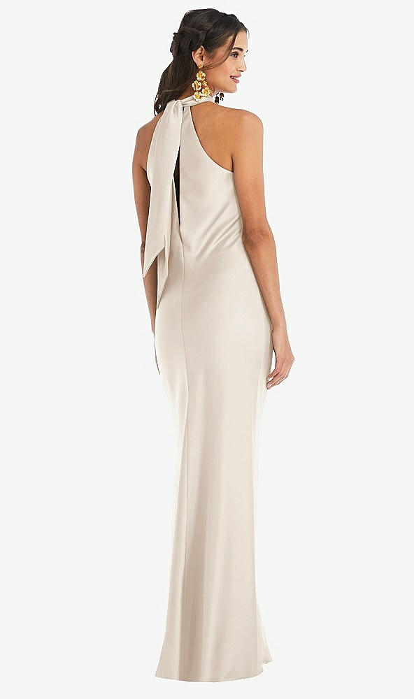 Back View - Oat Draped Twist Halter Tie-Back Trumpet Gown