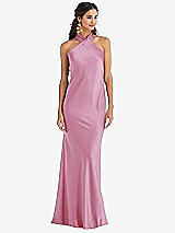Front View Thumbnail - Powder Pink Draped Twist Halter Tie-Back Trumpet Gown
