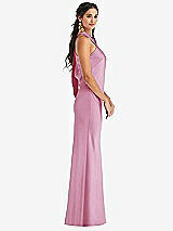 Side View Thumbnail - Powder Pink Draped Twist Halter Tie-Back Trumpet Gown