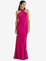 Front View Thumbnail - Think Pink Draped Twist Halter Tie-Back Trumpet Gown