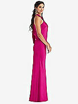 Side View Thumbnail - Think Pink Draped Twist Halter Tie-Back Trumpet Gown