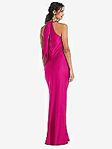Rear View Thumbnail - Think Pink Draped Twist Halter Tie-Back Trumpet Gown