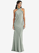 Front View Thumbnail - Willow Green Draped Twist Halter Tie-Back Trumpet Gown