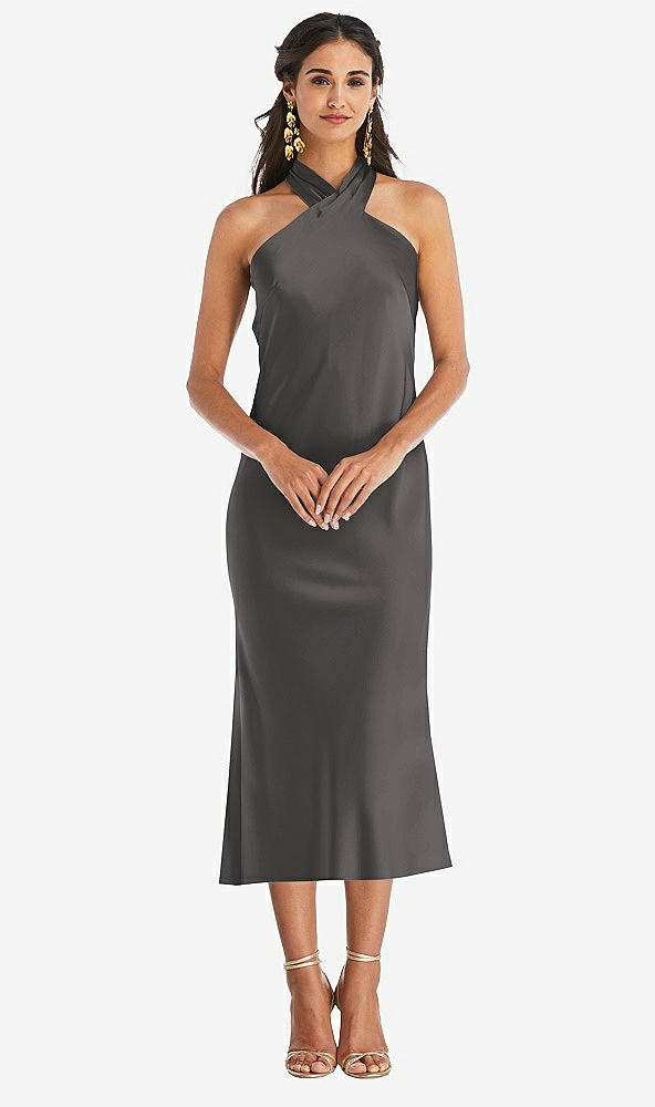 Front View - Caviar Gray Draped Twist Halter Tie-Back Midi Dress - Paloma