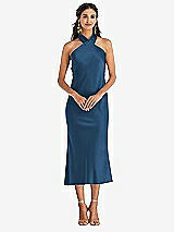 Front View Thumbnail - Dusk Blue Draped Twist Halter Tie-Back Midi Dress - Paloma