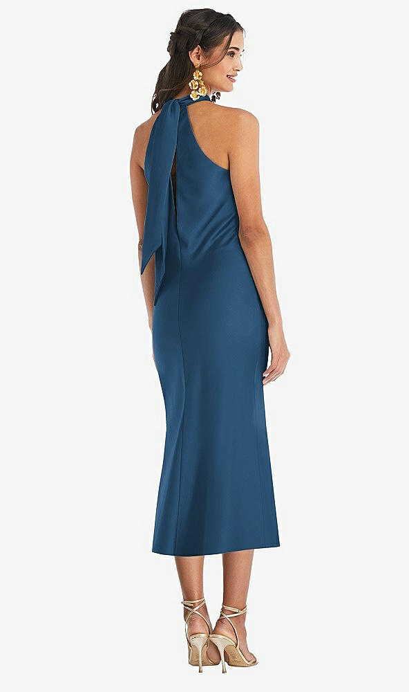 Back View - Dusk Blue Draped Twist Halter Tie-Back Midi Dress - Paloma