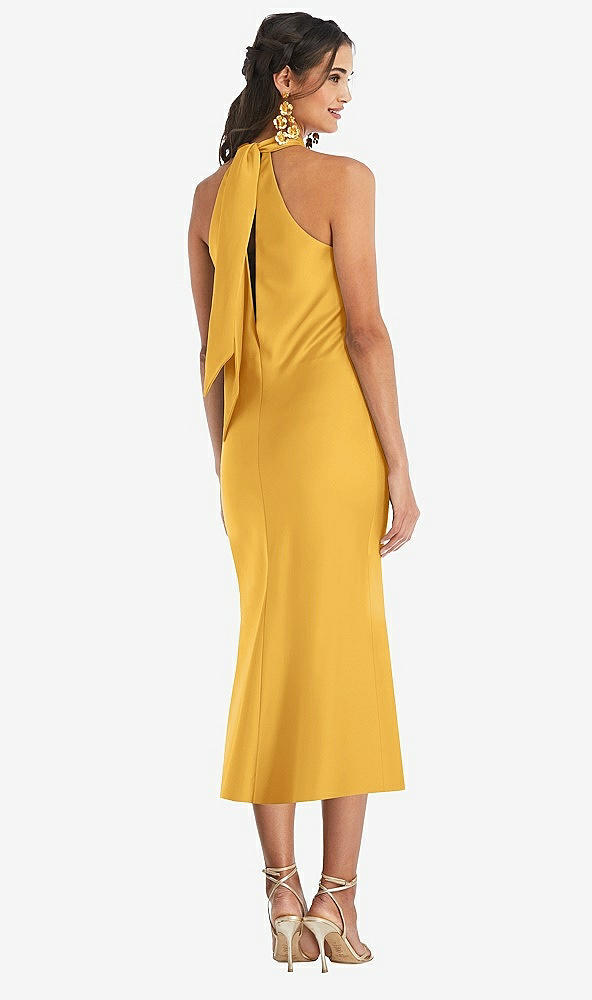 Back View - NYC Yellow Draped Twist Halter Tie-Back Midi Dress - Paloma