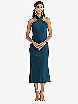 Front View Thumbnail - Atlantic Blue Draped Twist Halter Tie-Back Midi Dress - Paloma