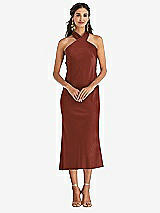 Front View Thumbnail - Auburn Moon Draped Twist Halter Tie-Back Midi Dress - Paloma