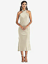 Front View Thumbnail - Champagne Draped Twist Halter Tie-Back Midi Dress - Paloma