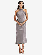 Front View Thumbnail - Cashmere Gray Draped Twist Halter Tie-Back Midi Dress - Paloma