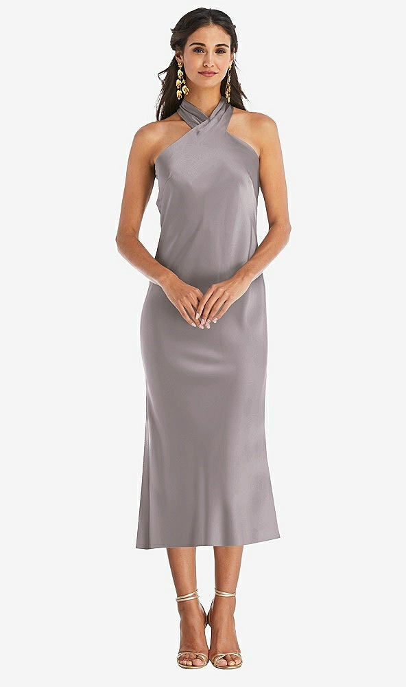 Front View - Cashmere Gray Draped Twist Halter Tie-Back Midi Dress - Paloma