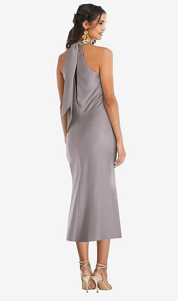 Back View - Cashmere Gray Draped Twist Halter Tie-Back Midi Dress - Paloma