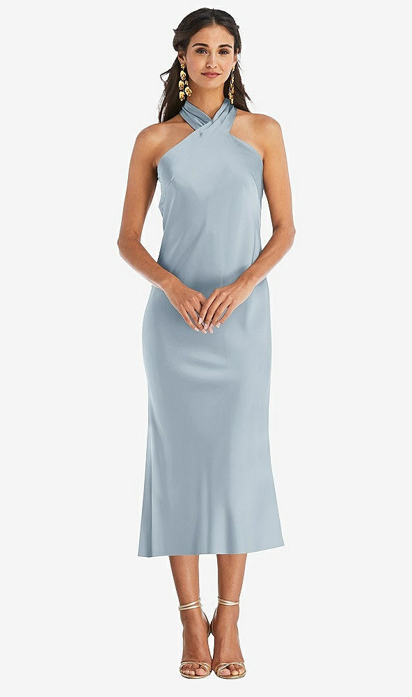 Front View - Mist Draped Twist Halter Tie-Back Midi Dress - Paloma