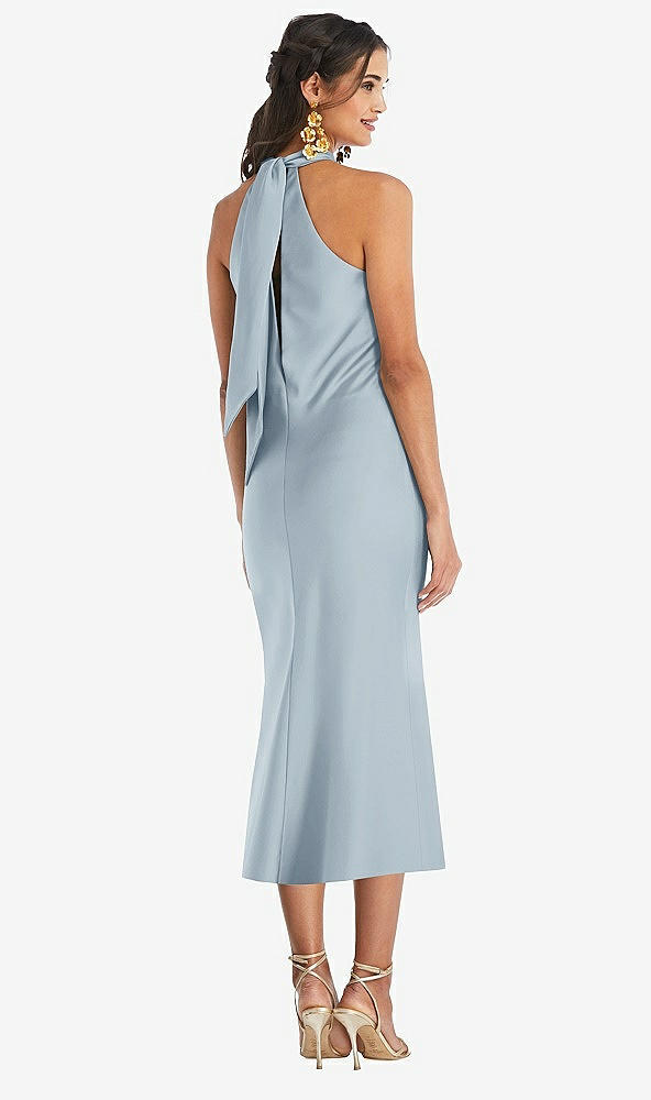 Back View - Mist Draped Twist Halter Tie-Back Midi Dress - Paloma