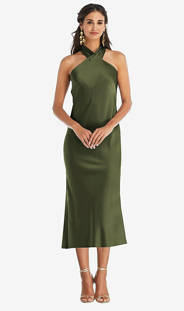 Front View - Olive Green Draped Twist Halter Tie-Back Midi Dress - Paloma