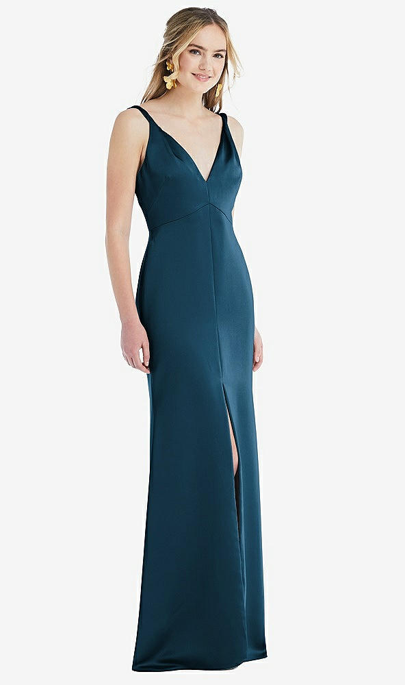 Front View - Atlantic Blue Twist Strap Maxi Slip Dress with Front Slit - Neve