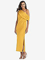 Front View Thumbnail - NYC Yellow Draped One-Shoulder Convertible Midi Slip Dress