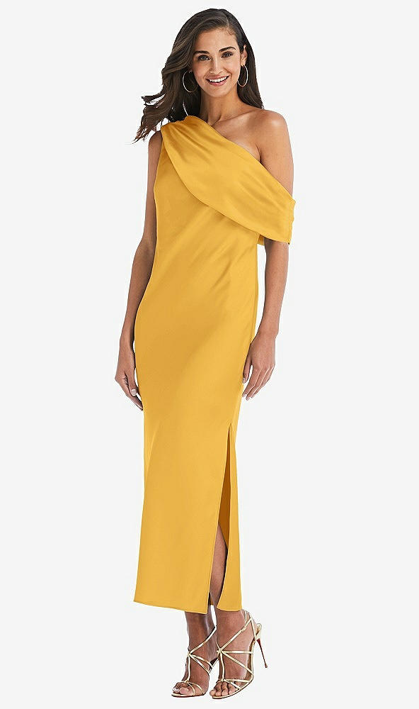 Front View - NYC Yellow Draped One-Shoulder Convertible Midi Slip Dress