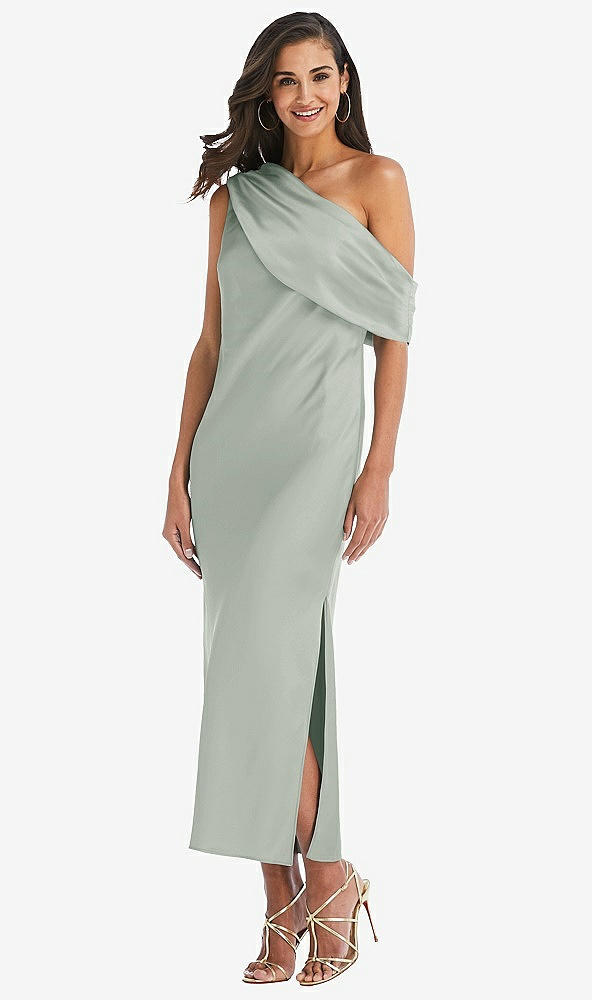 Front View - Willow Green Draped One-Shoulder Convertible Midi Slip Dress